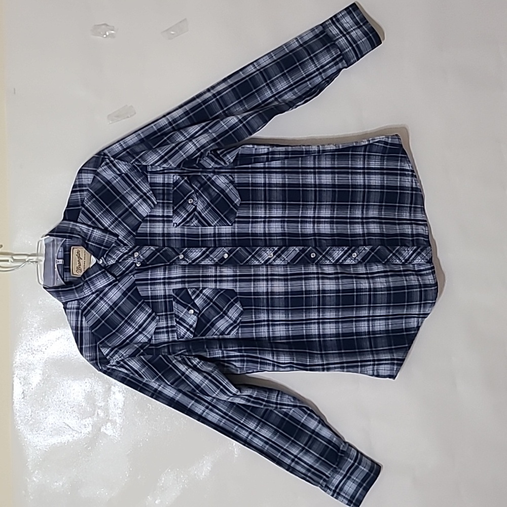 Wrangler Men's Navy Blue Plaid Long Sleeve Pearl‎ Button Western Shirt - Large